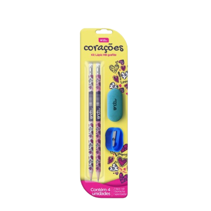 Kit Lápis 2 Corações + Apontador + Borracha Em Blister - Onda