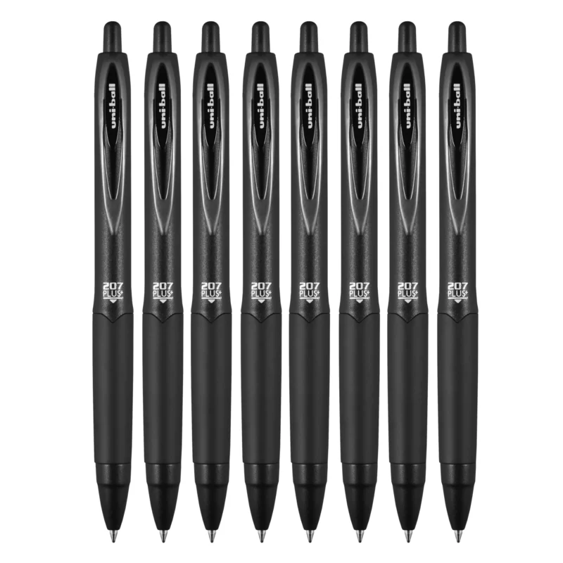 Canetas de gel retráteis 207 Plus+, ponta média (0,7 mm), pretas, pacote com 8 unidades - Uniball