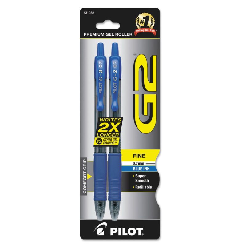 Caneta de tinta gel retrátil azul, ponta fina de 0,7 mm, pacote com 2 unidades - Pilot