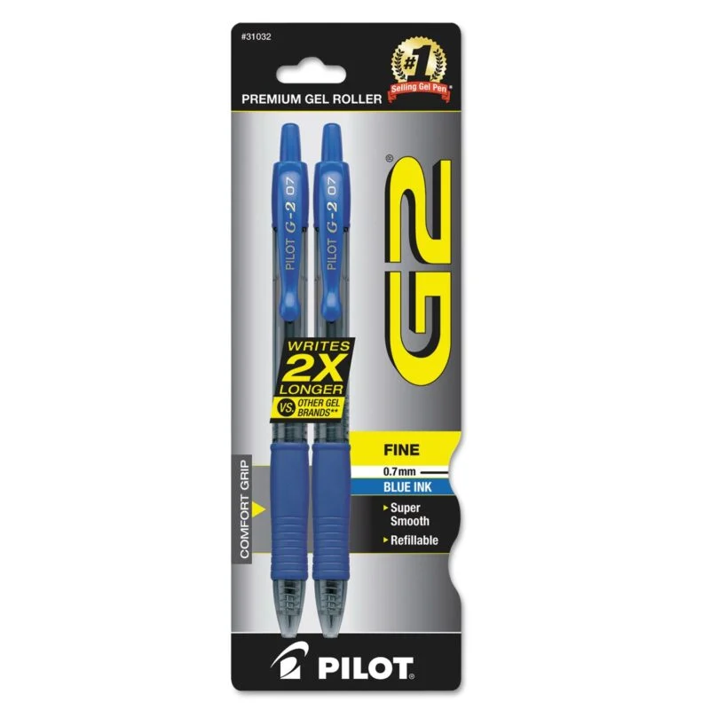 Caneta de tinta gel retrátil azul, ponta fina de 0,7 mm, pacote com 2 unidades - Pilot