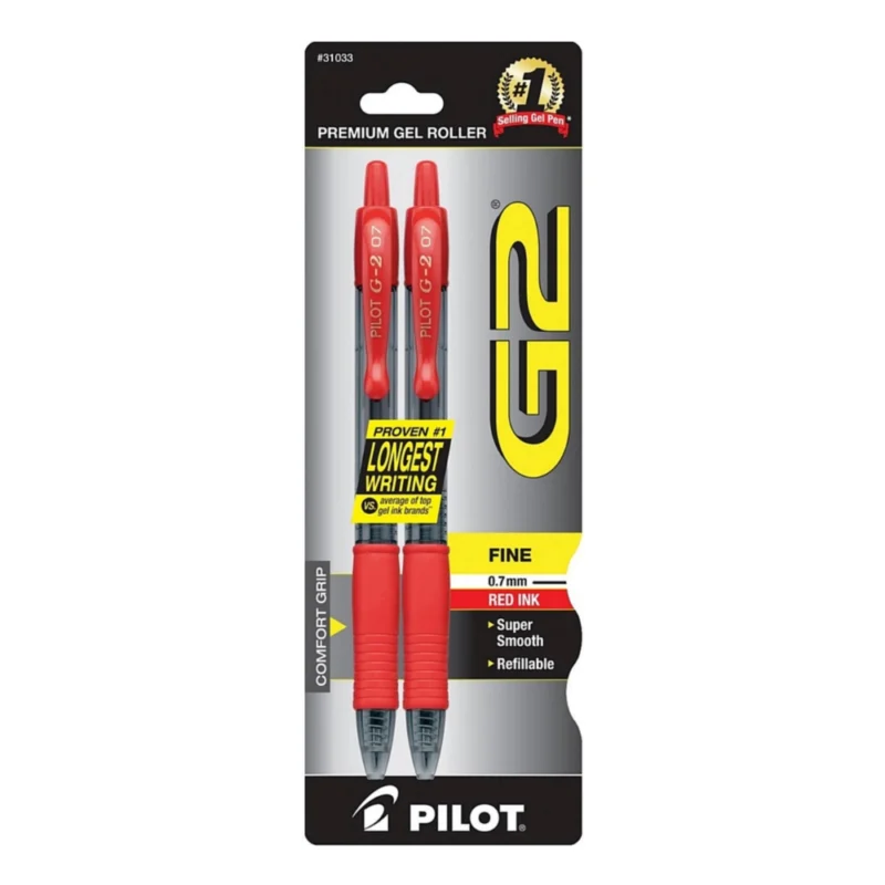 Caneta de tinta gel retrátil vermelha, ponta fina de 0,7 mm, pacote com 2 unidades – Pilot