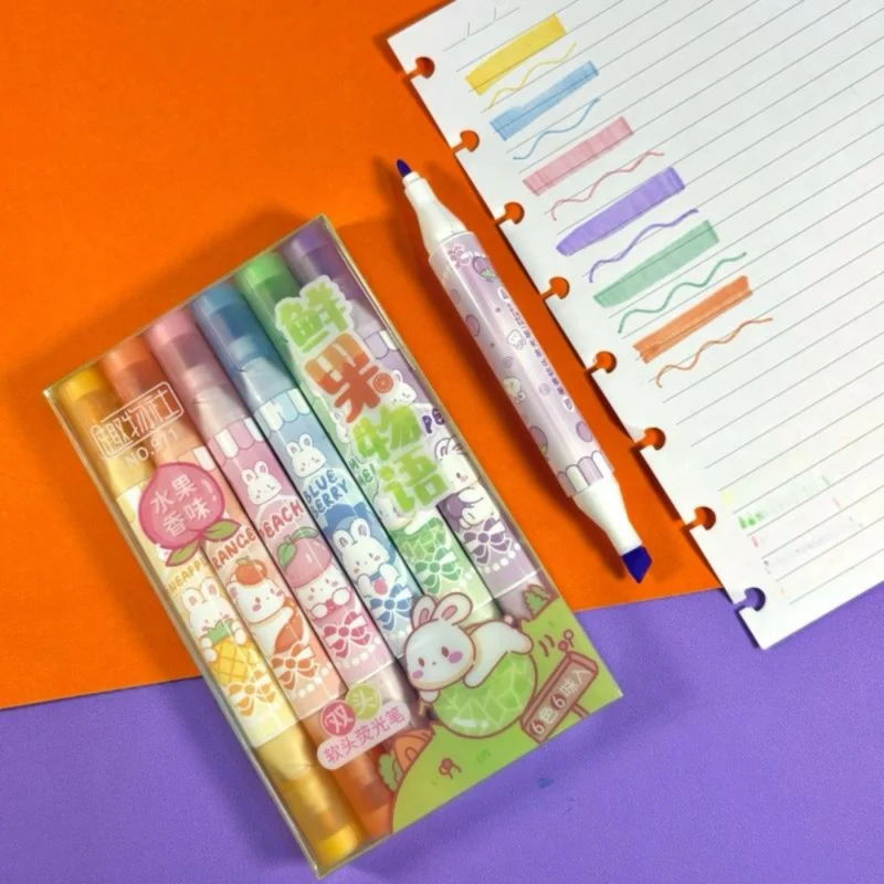 Conjunto Marca Texto 6 Cores Fofo com Aroma e Ponta Dupla