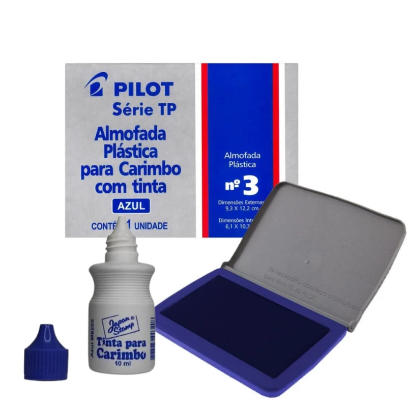 Kit Almofada N 3 Azul * Pilot + Tinta para Carimbo 40ml Azul - Japan Stamp