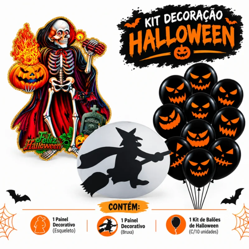 Kit de Halloween - Painel de EVA + Painel de esqueleto + Balões de halloween