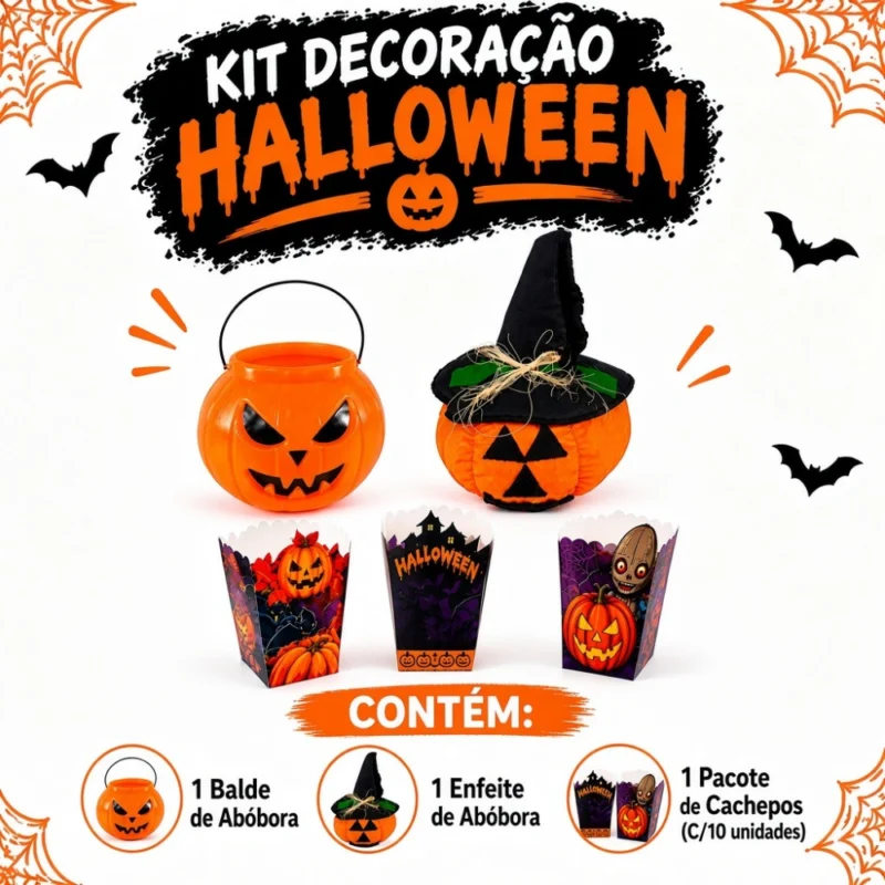 Kit de Halloween - Balde Abóbora + Enfeite + 10Un Cachepo