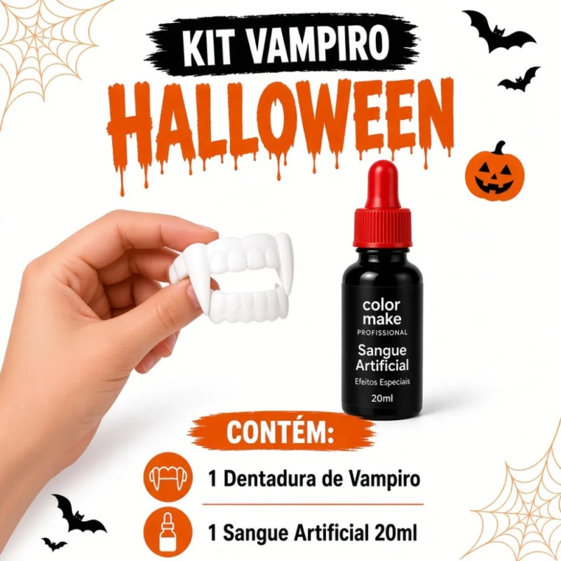 Kit de Halloween - Dentadura de Vampiro + Sangue Falso
